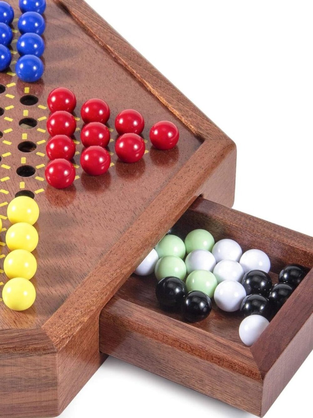 AMEROUS 12.5 inches Wooden Chinese Checkers Set with Storage Drawer - 60 Acrylic